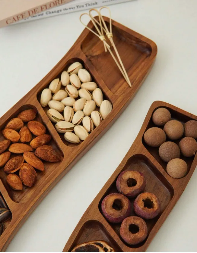 Plato para servir sushi de madera de acacia dividido hecho a mano, juego de platos de frutas 