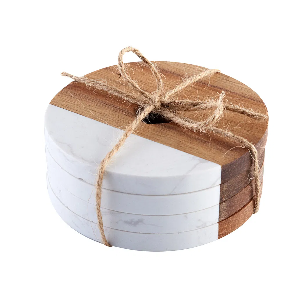 Juego de posavasos redondos de m&aacute;rmol y acacia con almacenamiento apilable para cocinas y bares minimalistas 