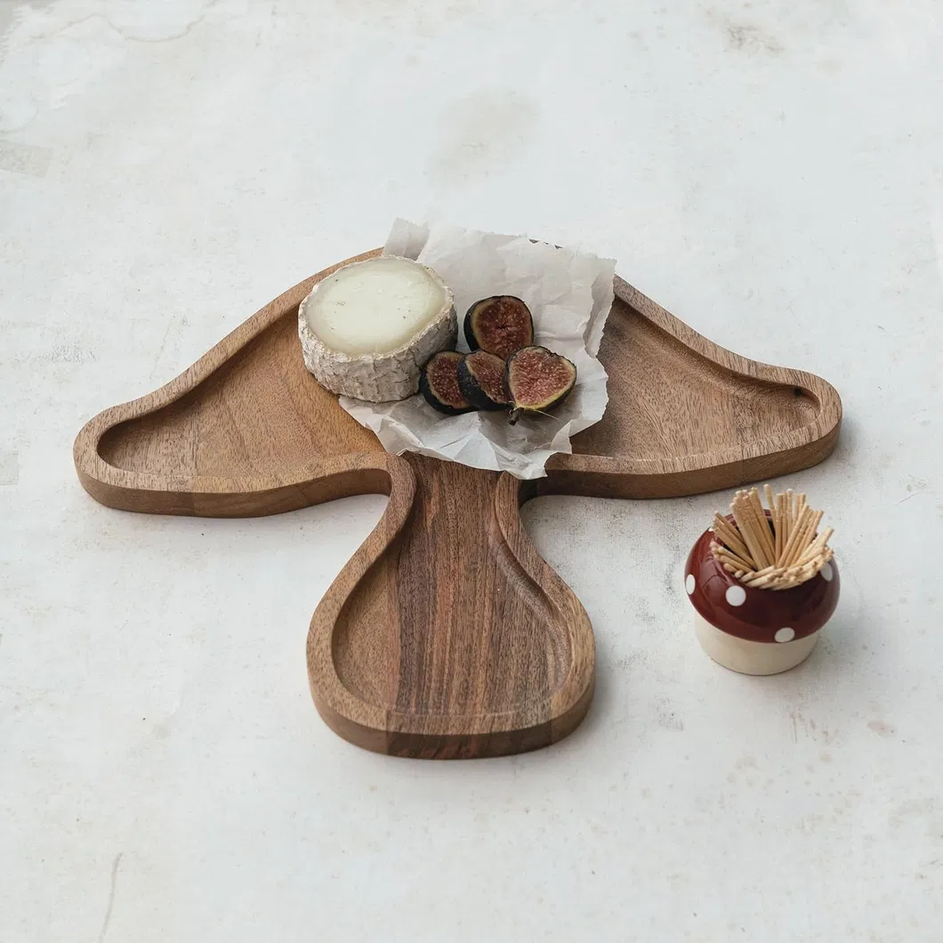 Bandeja creativa para servir/platos para caf&eacute; de madera de acacia con forma de seta de 13x11 pulgadas
