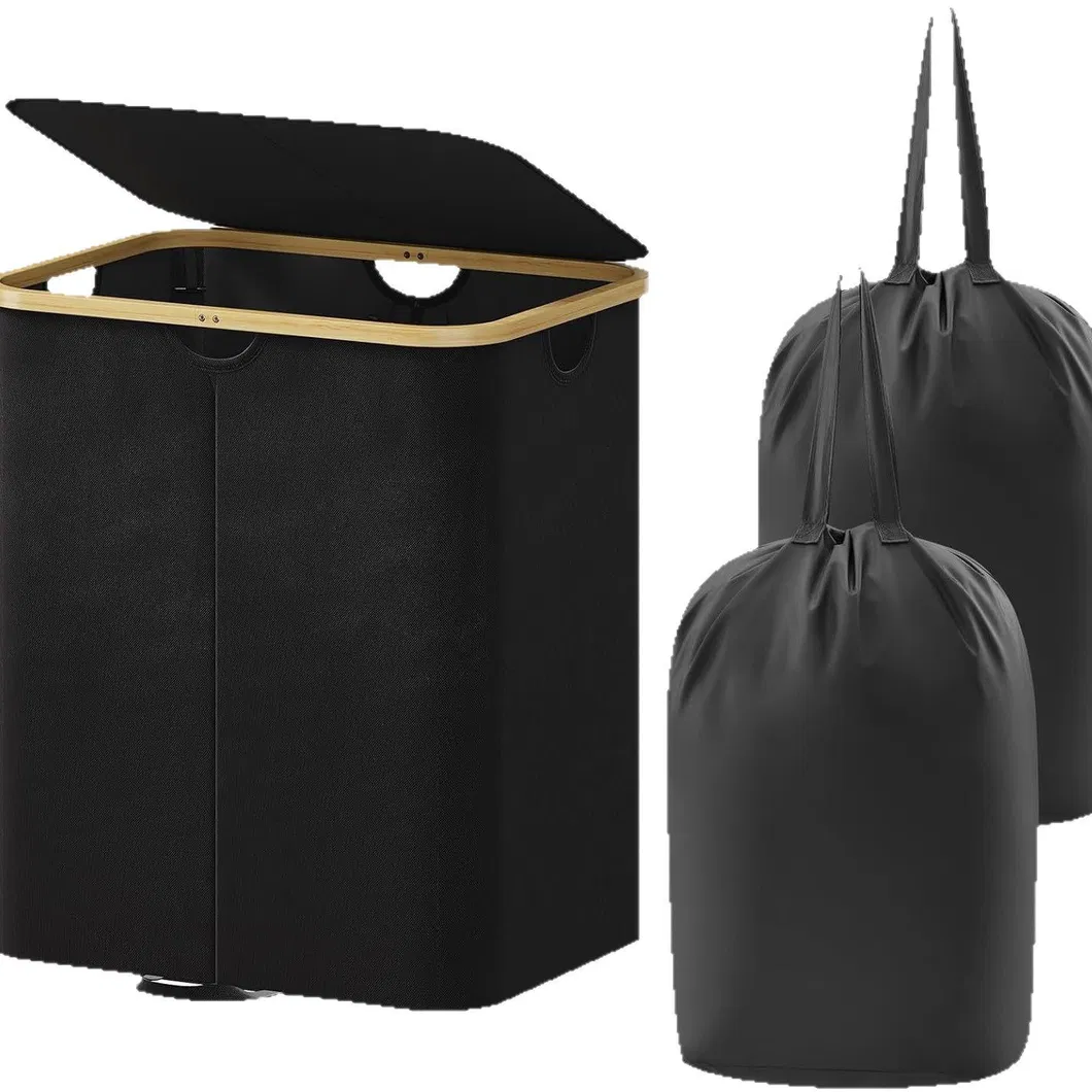 Cesto para la ropa sucia de tela de bamb&uacute; con tapa y dos bolsas interiores lavables extra&iacute;bles 