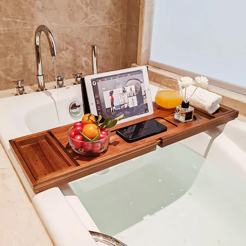 Organizador de ducha de madera de teca ajustable, estante de ba&ntilde;o expandible, bandeja Caddy para ba&ntilde;era 