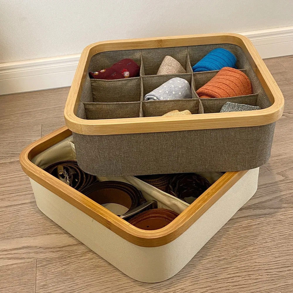 Caja de almacenamiento con cajones de tela Oxford circular de bamb&uacute; para clasificaci&oacute;n de ropa interior, calcetines, art&iacute;culos diversos y refrigerios 