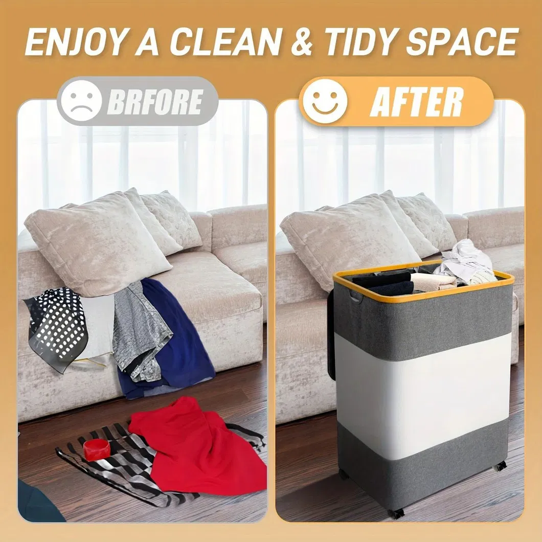 de gran capacidad con tapa y ruedas Cesto para la ropa sucia de tela de bamb&uacute; plegable empalmado en blanco y negro 