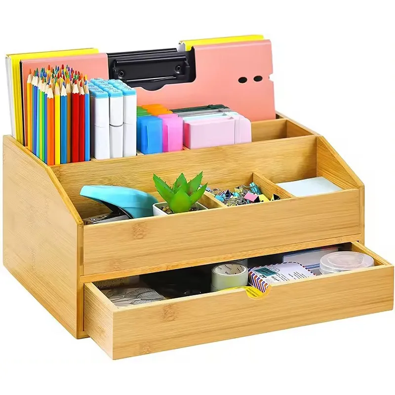 Caja de almacenamiento de escritorio de oficina de bamb&uacute;, estante de almacenamiento de archivos de oficina con soporte para bol&iacute;grafos 