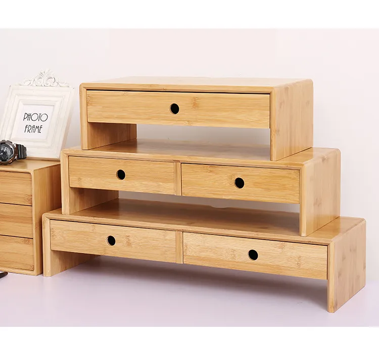 Soporte de bamb&uacute; para monitor de computadora con cajones organizadores de almacenamiento 