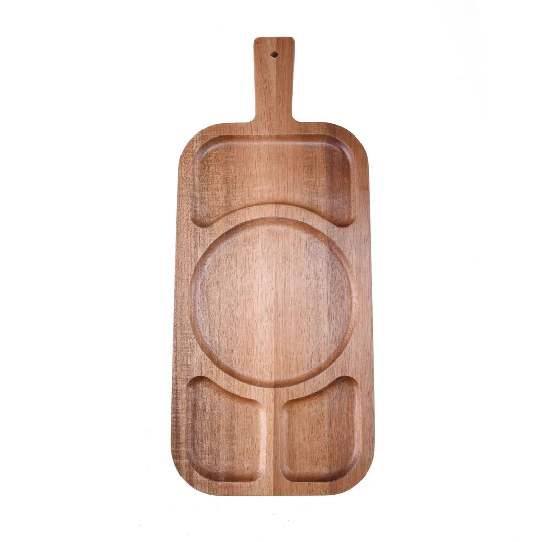 Herramientas de cocina hechos a mano, plato de madera dividido, plato de madera para servir con mango