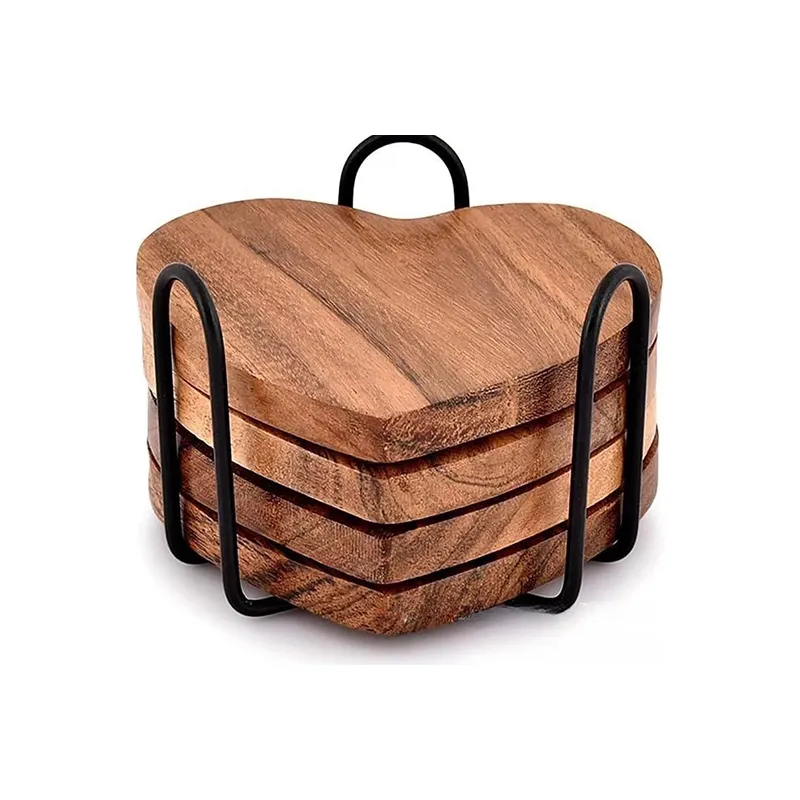 Artístico - Posavasos de madera en forma de corazón con soporte de metal para decoración de mesa