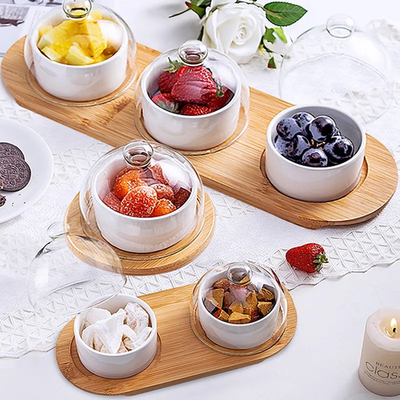 Tazón de servicio más vendido con bandeja de madera y tapa de vidrio tipo cúpula para refrigerios de frutas Tazón de postre de cerámica
