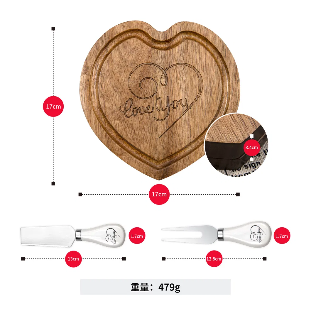 Bandeja/tablero de madera para servir queso en forma de coraz&oacute;n con juego de cuchillos