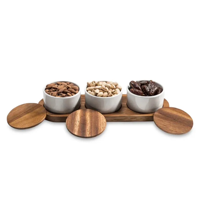 Juego de condimentos de cerámica, plato para salsa sobre base de madera de acacia
