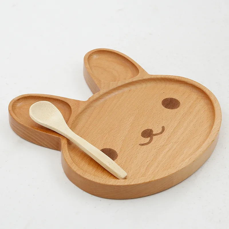 Plato de cena de madera de haya natural con forma de conejo, plato de aperitivo para ni&ntilde;os 