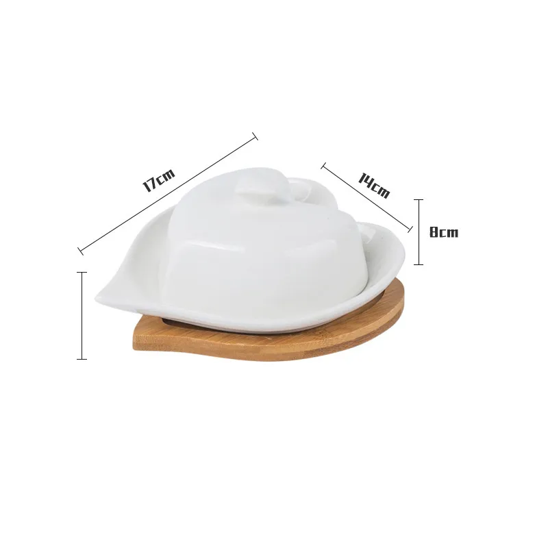 en forma de coraz&oacute;n con cubierta de gres o porcelana Recipiente para mantequilla con bandeja de bamb&uacute;