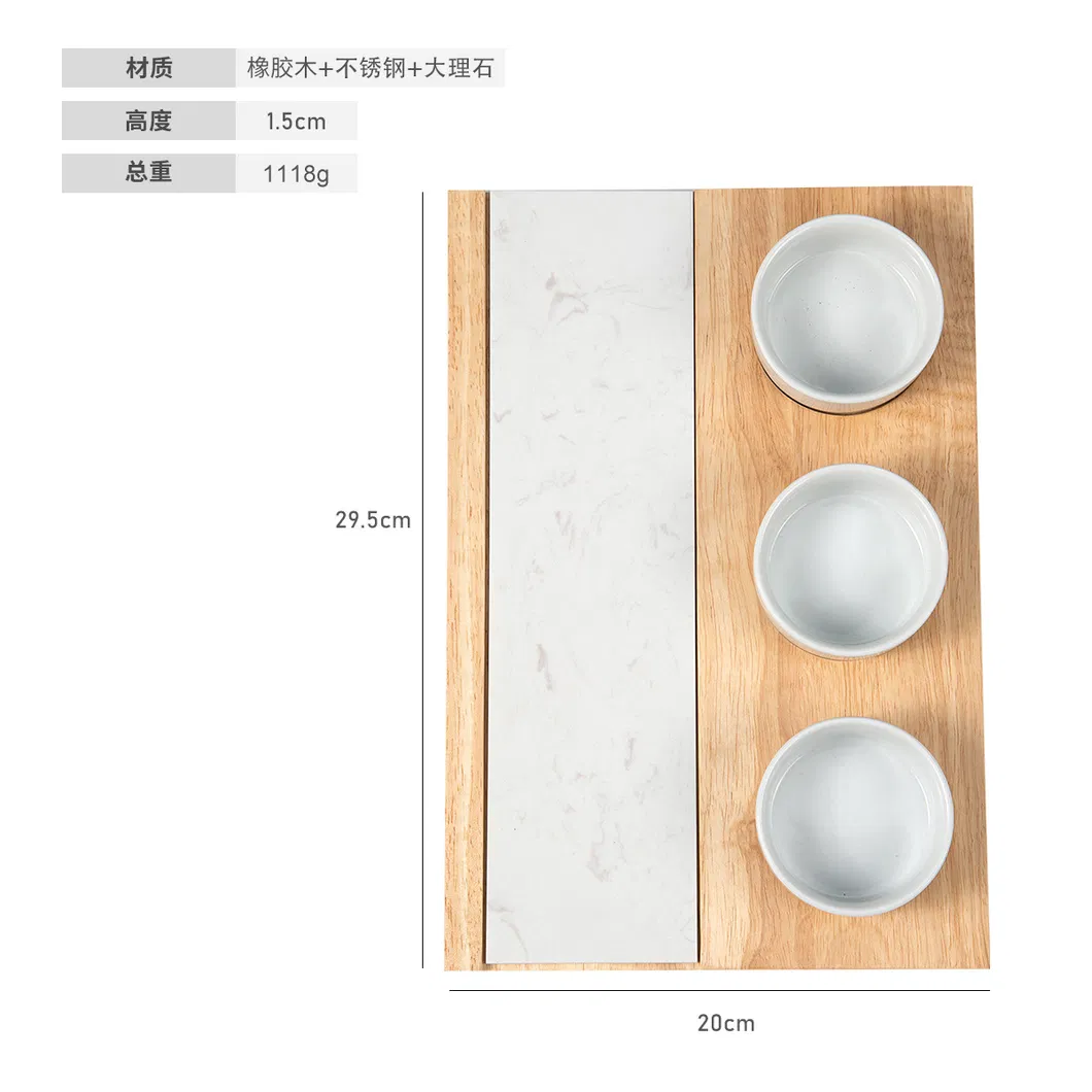 Tabla de cortar de madera de caucho con pizarra y 3 vasos para salsas