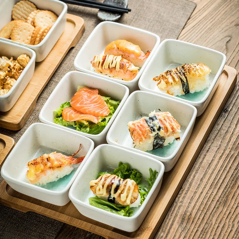 Bandeja de bamb&uacute; para servir con 6 compartimentos, platos de cer&aacute;mica para servir 