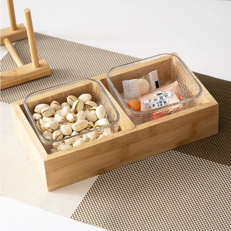 para refrigerios de madera de bamb&uacute; dividida con plato de frutas de vidrio transparente Bandeja 