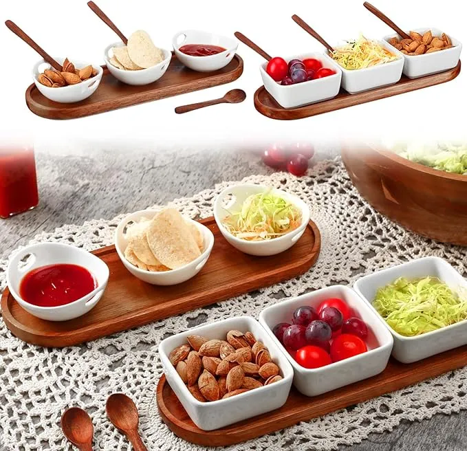 Bandeja de madera de acacia con 3 cuencos de cer&aacute;mica y platos para salsa cuadrados 