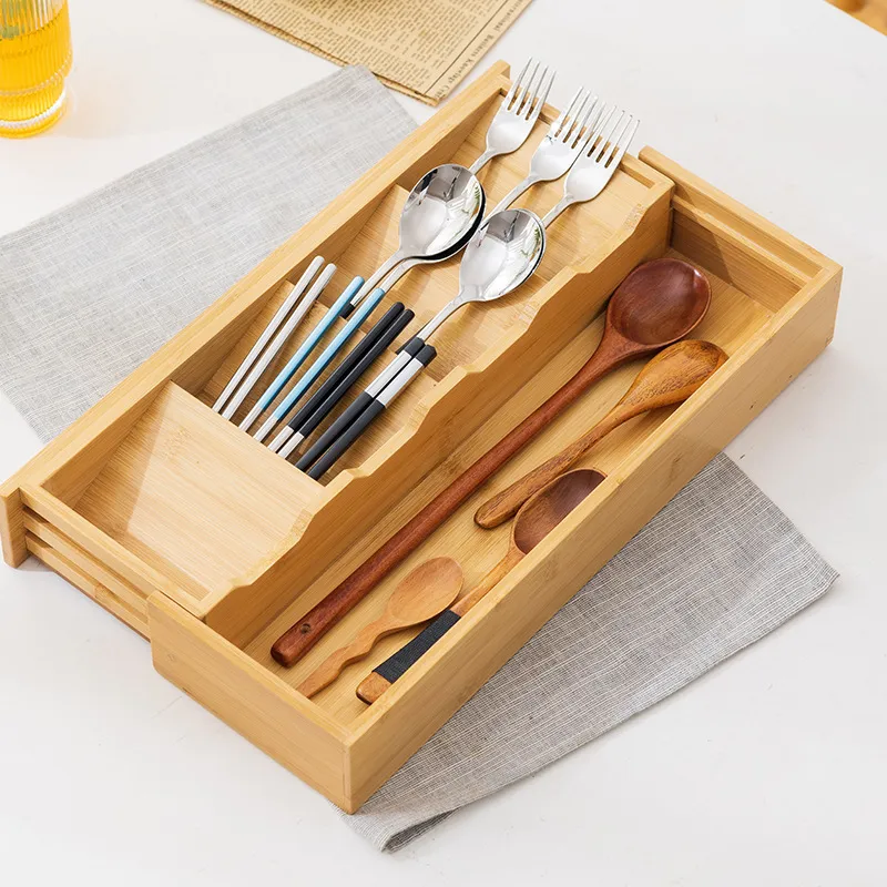 Organizador de cajones expandible de bamb&uacute; para cubiertos, cubiertos y cuchillos en la cocina 