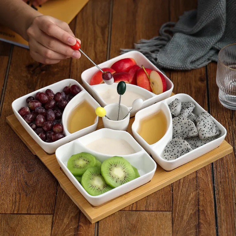 Frutero de cer&aacute;mica multirejilla con bandeja de madera de bamb&uacute; para vajilla del hogar 