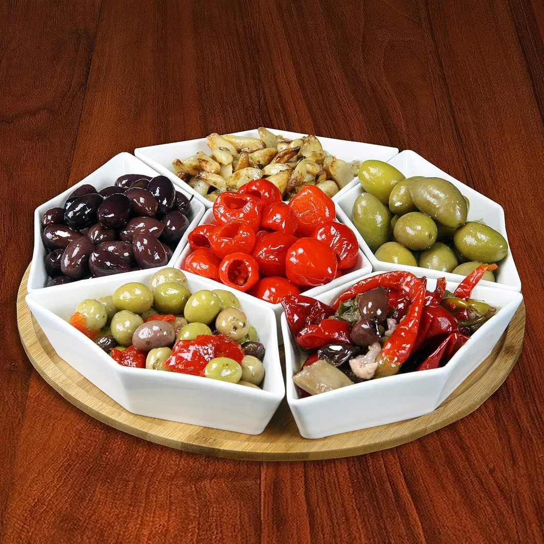 Juego de aperitivos y condimentos de cer&aacute;mica blanca de 6 compartimentos con bandeja de bamb&uacute; 