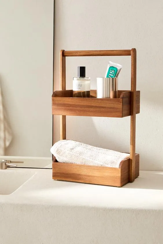 del piso de 2 niveles con manija Estante del organizador de la ducha del estante derecho del piso de madera de acacia de 2 niveles con manija