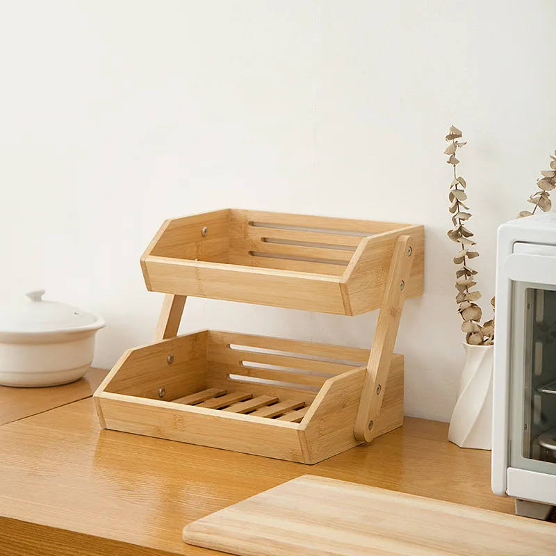 encimera para frutas, verduras y pasteles Cesta de almacenamiento de bambú de 2 niveles para encimera para frutas, verduras y pasteles
