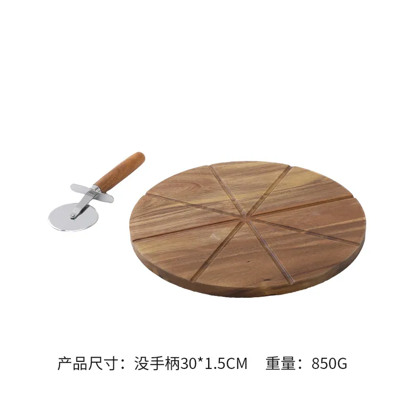 Tabla para cortar pizza redonda de madera con cuchillos