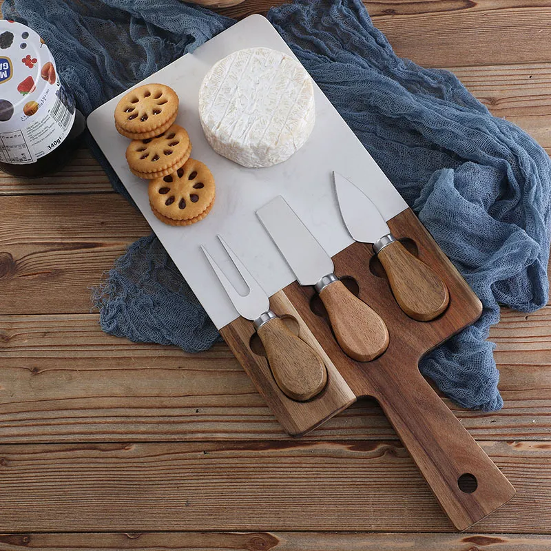 de servir de madera de m&aacute;rmol y acacia con juego de cuchillos para queso y mango 