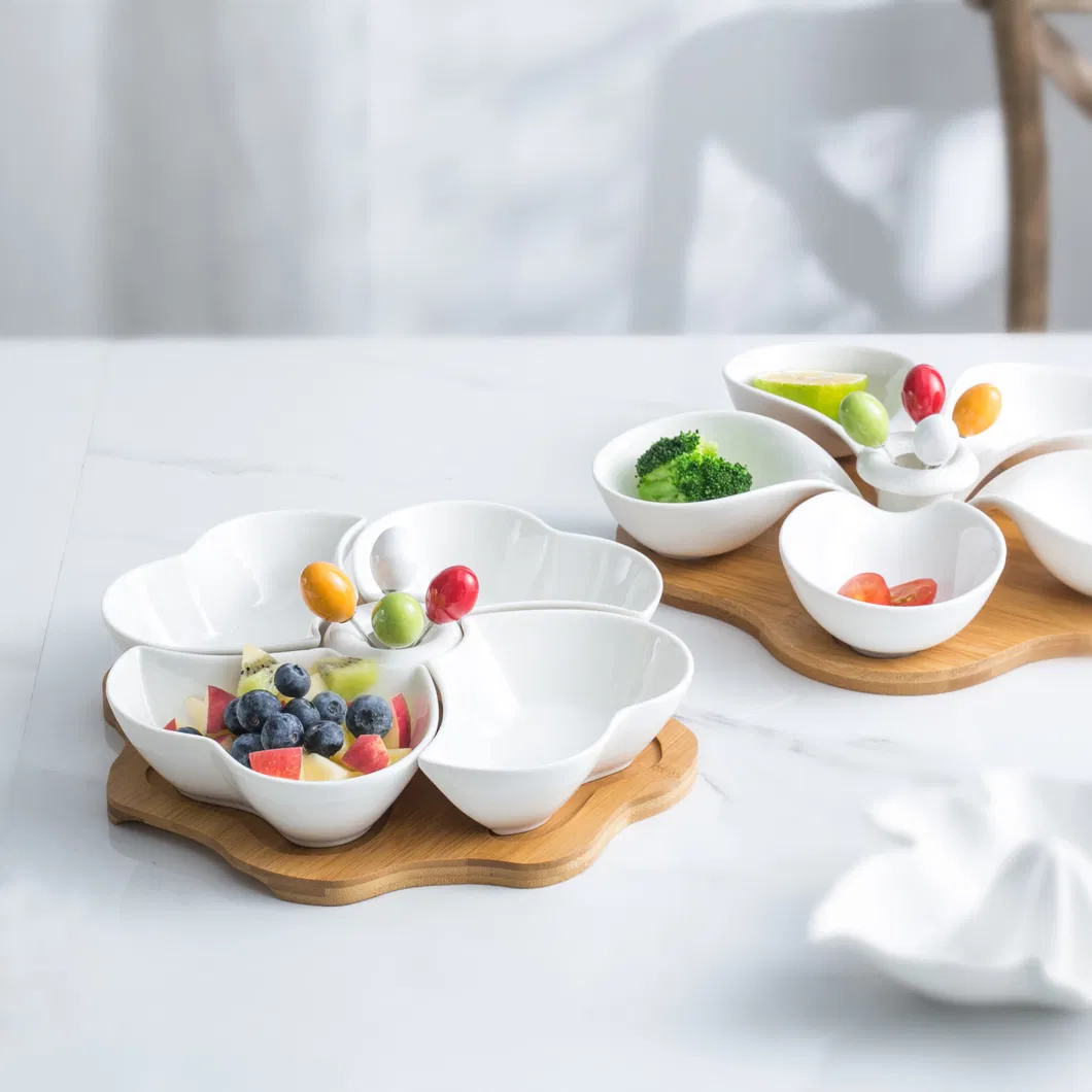 Ensaladera de cer&aacute;mica de 5 rejillas y plato para salsa con bandeja de bamb&uacute; para servir el t&eacute; de la tarde, frutas, postres y nueces 