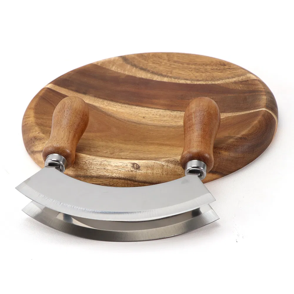 Tabla de cortar redonda de madera con picadora de hierbas Mezzaluna de acero inoxidable de doble hoja 
