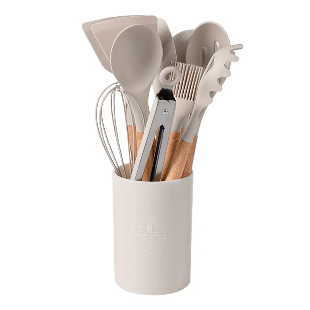 , pinzas giratorias resistentes al calor, esp&aacute;tula, cuchara, cepillo, batidor, utensilios de cocina de silicona, juego de utensilios de cocina con mango de madera, 