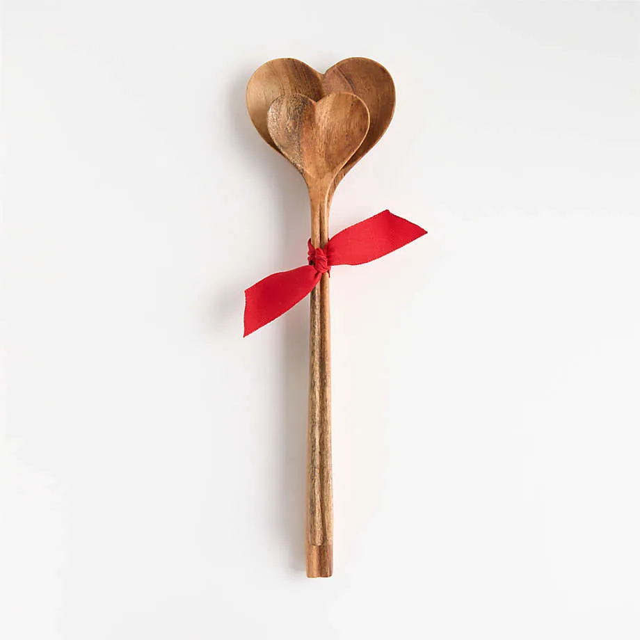 forma de corazón con mango redondo Juego de 2 cucharas para servir de madera de acacia en forma de corazón con mango redondo Juego de 2