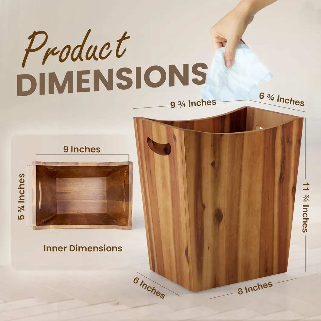 Cesta de basura peque&ntilde;a de madera de acacia con asas para el ba&ntilde;o