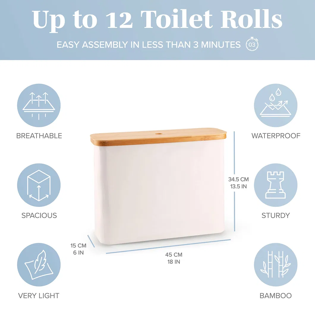 Almacenamiento de papel higi&eacute;nico elegante color beige para 12 rollos con tapa de bamb&uacute; 