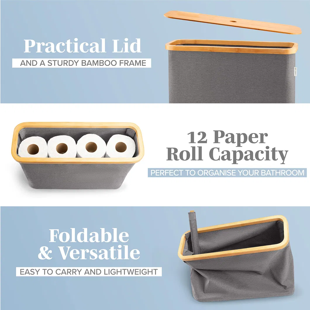 Portarrollos de papel higiénico impermeable de color gris con tapa de bambú