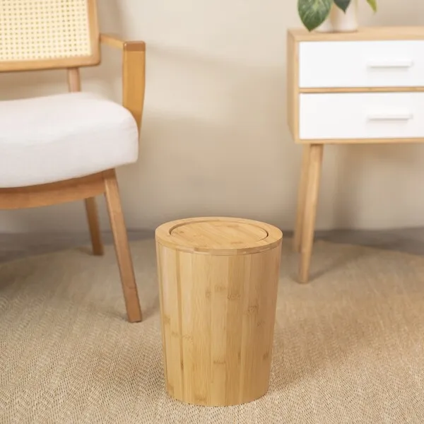 Cesto de basura redondo de bamb&uacute; con tapa para sal&oacute;n y ba&ntilde;o