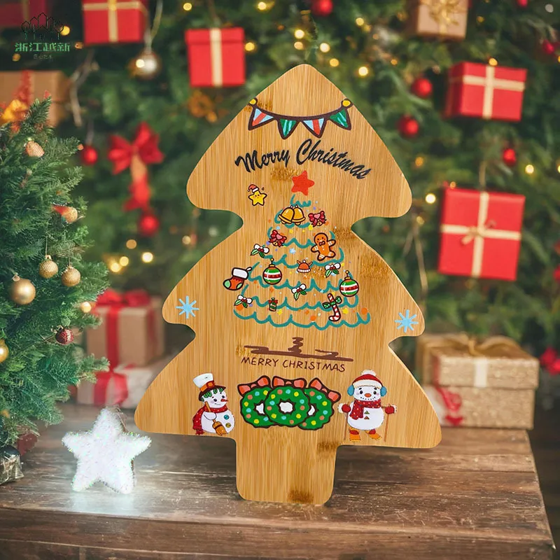 Tablero de embutidos navide&ntilde;os con impresi&oacute;n UV de madera s&oacute;lida para carne, galletas de frutas, bocadillos de postre