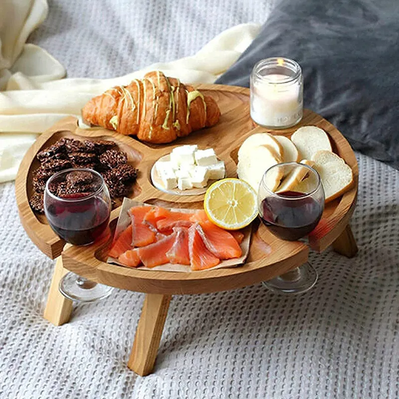 Mesa de camping port&aacute;til compacta de madera maciza, mesa de picnic para vino con patas resistentes 