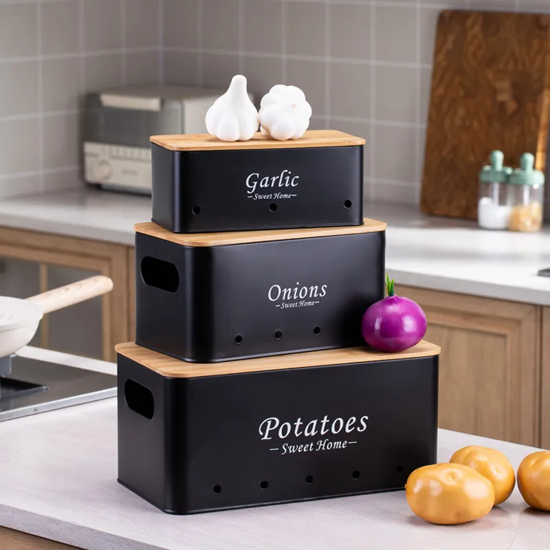 Caja de almacenamiento de metal para patatas, cebolla y ajos, juego de 3 con tapa y asa 