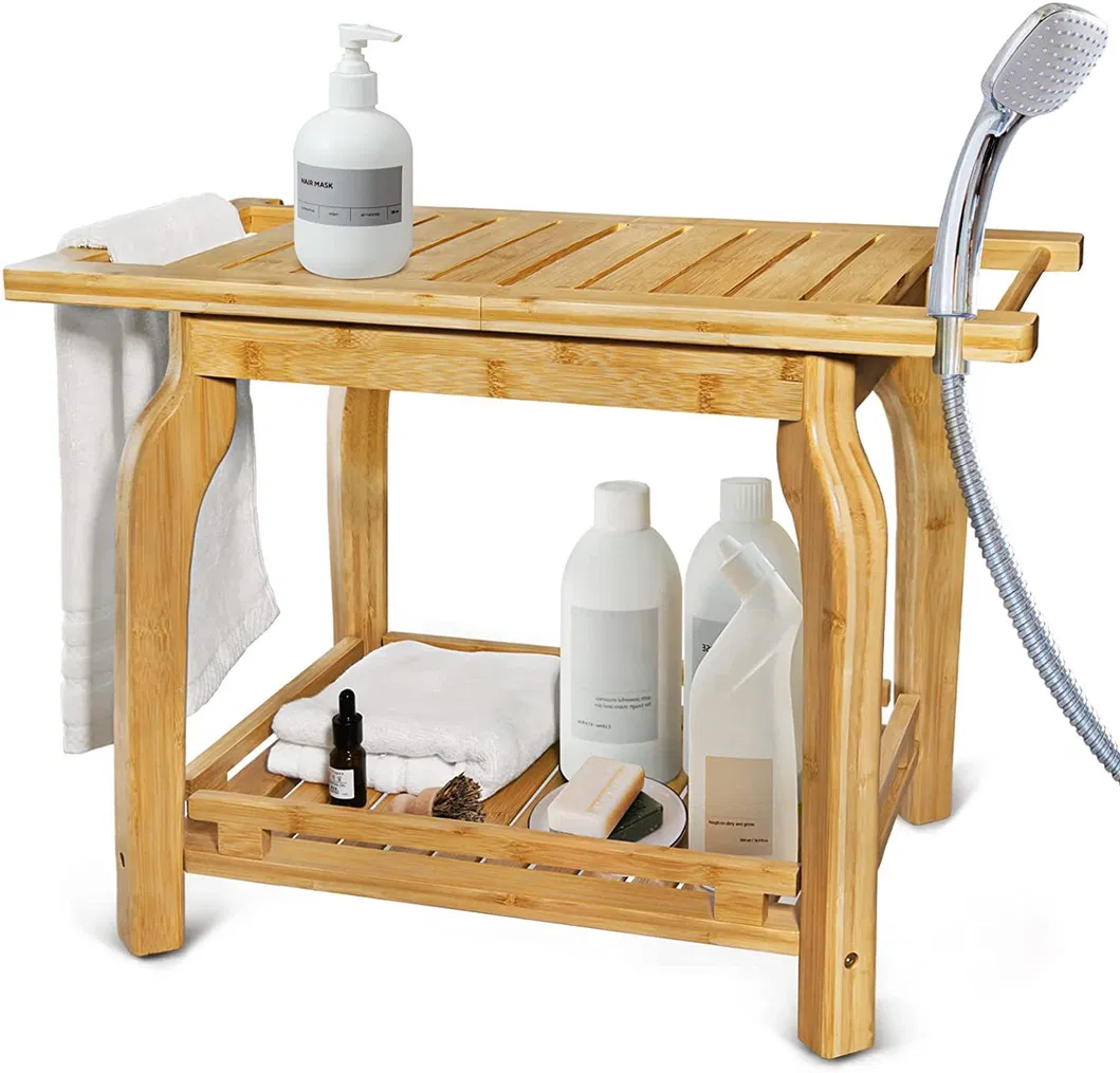 Taburete de ducha de ba&ntilde;o de bamb&uacute; multifuncional de dos capas, taburete de madera para cambiar zapatos con colgador de toallas 