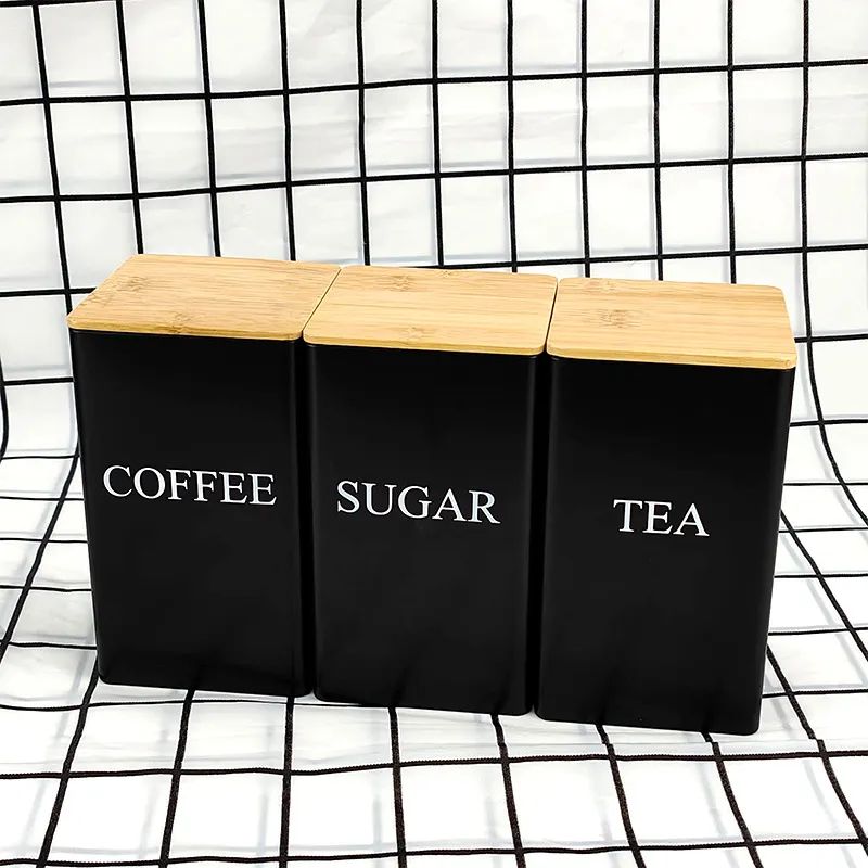 Juego de 3 botes de metal de dise&ntilde;o vintage con tapa de bamb&uacute; para caf&eacute; t&eacute; az&uacute;car 