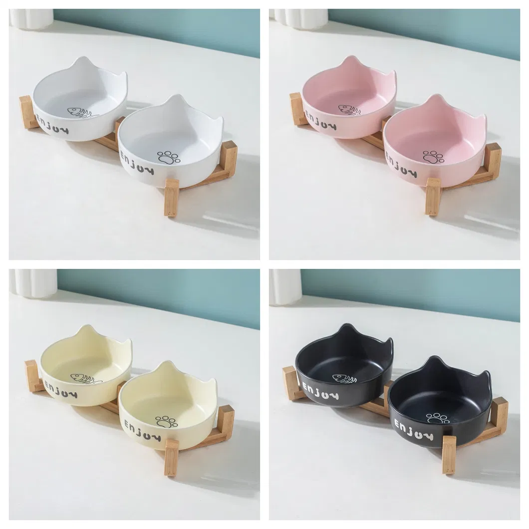 Cuenco de cerámica para gatos y mascotas, cuenco para perros con estante de madera de bambú