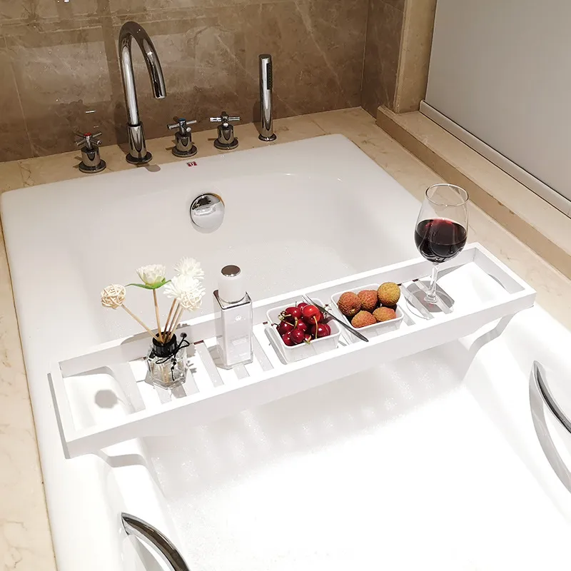 Mesa con bandeja para ba&ntilde;era de bamb&uacute; de color blanco para ba&ntilde;o 