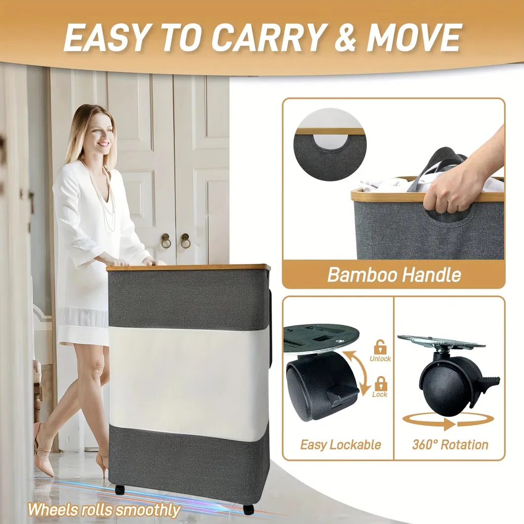 de gran capacidad con tapa y ruedas Cesto para la ropa sucia de tela de bamb&uacute; plegable empalmado en blanco y negro de gran capacidad con tapa y ruedas
