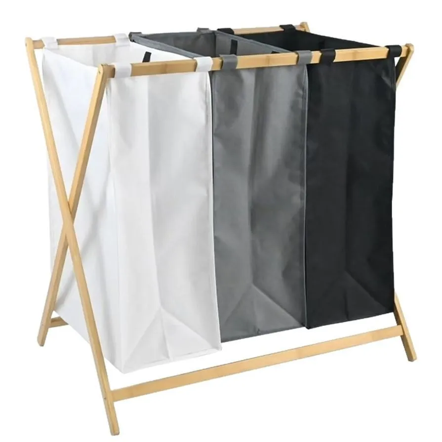 tela plegables impermeables con tres compartimentos Cestas para art&iacute;culos diversos con estante de bamb&uacute;
