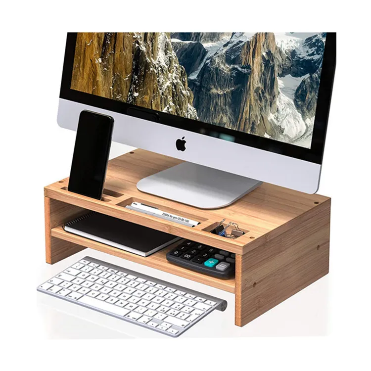 Estante de almacenamiento de escritorio de bamb&uacute; de doble capa, soporte para monitor elevador de computadora Estante 
