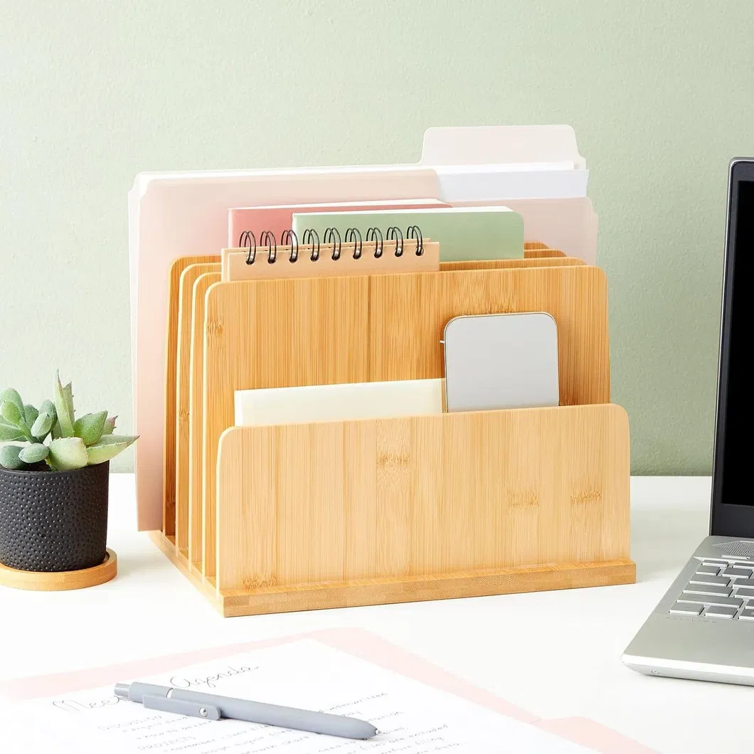 Estante de organizaci&oacute;n y almacenamiento de bamb&uacute; y madera Carpeta de escritorio de oficina para papeler&iacute;a, materiales, letras 