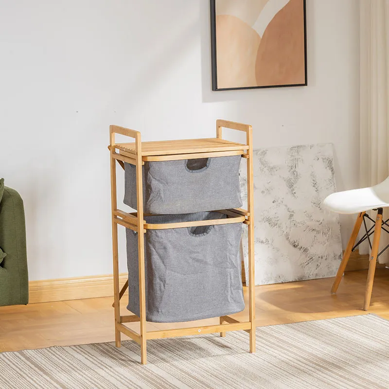 Piso de baño de doble capa - Estante de almacenamiento de bambú y tela como cesto para ropa