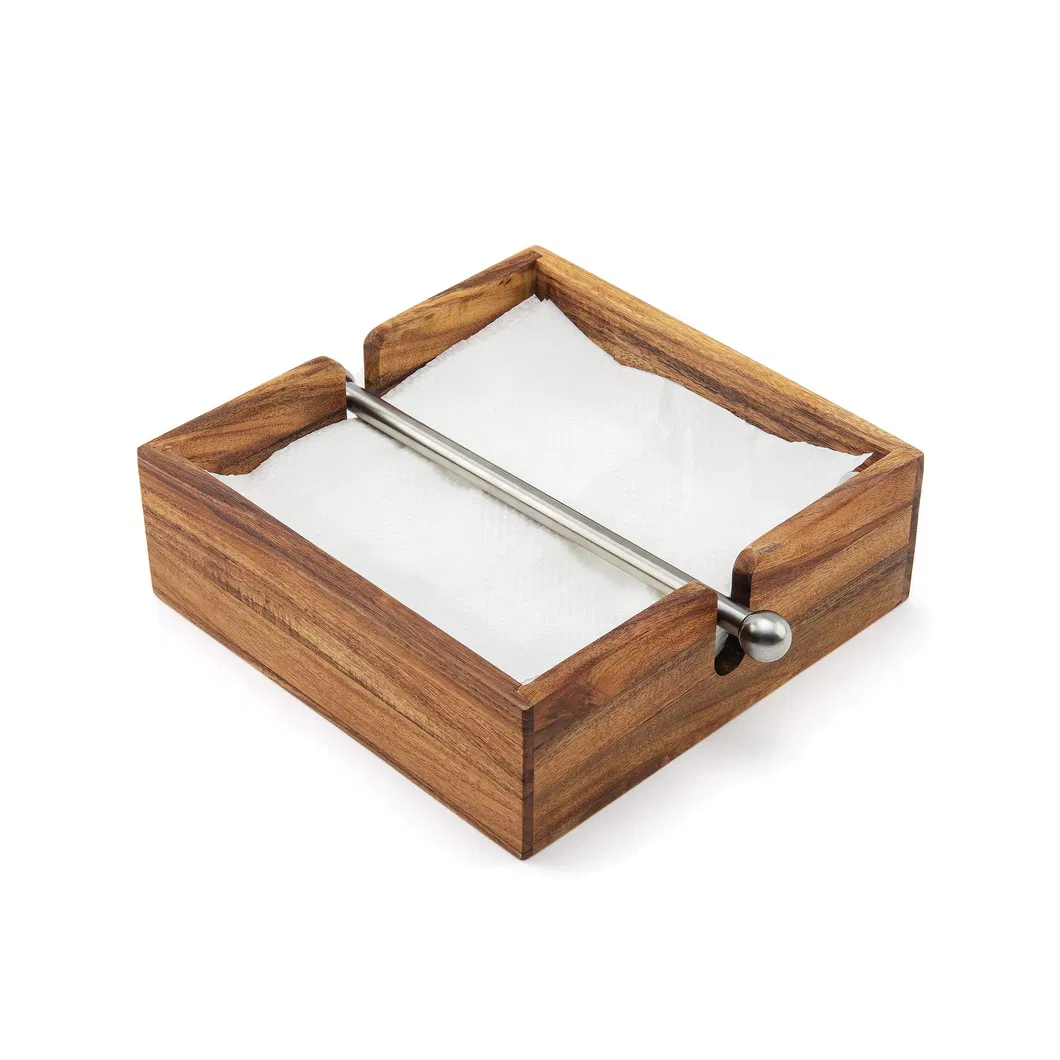 Servilletero de madera de acacia con barra central de acero inoxidable con peso 