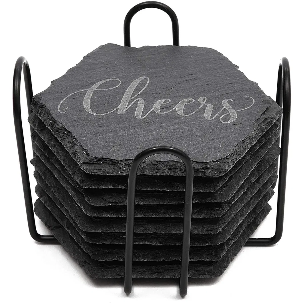 Posavasos de pizarra negra ligeros y portátiles con soporte de metal para exteriores