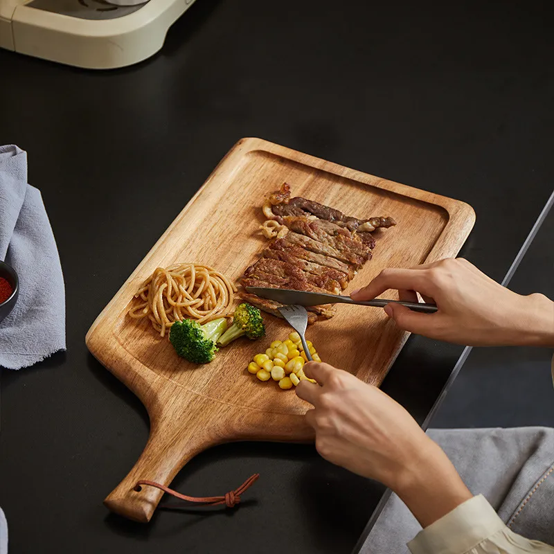 Bandeja para servir comida de acacia redonda de lujo y duradera con asa